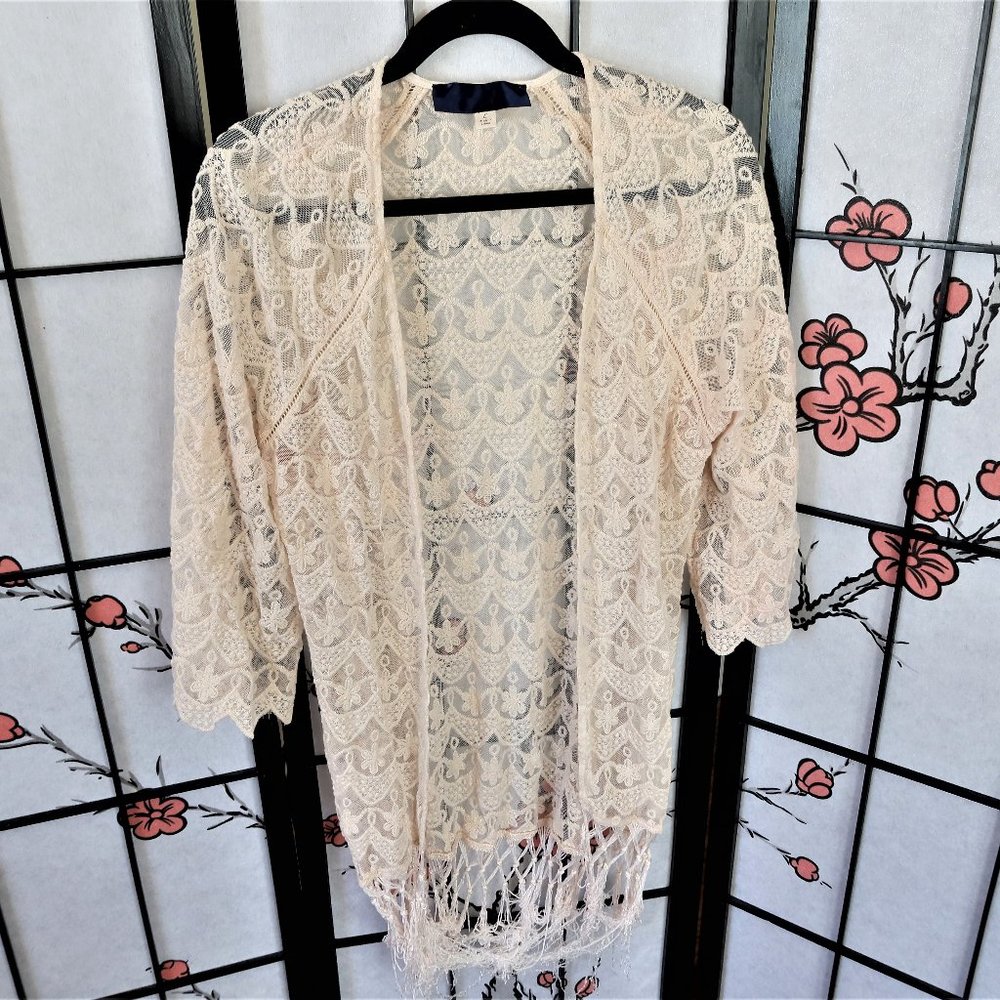 Blue Rain Cream Lacy Lace Sheer 3/4 Sleeves Cardigan Size Large
